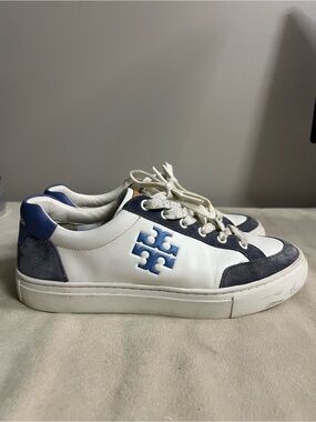 💙 Tory Burch Howell Court Leather Suede Sneakers White Navy Size 8M